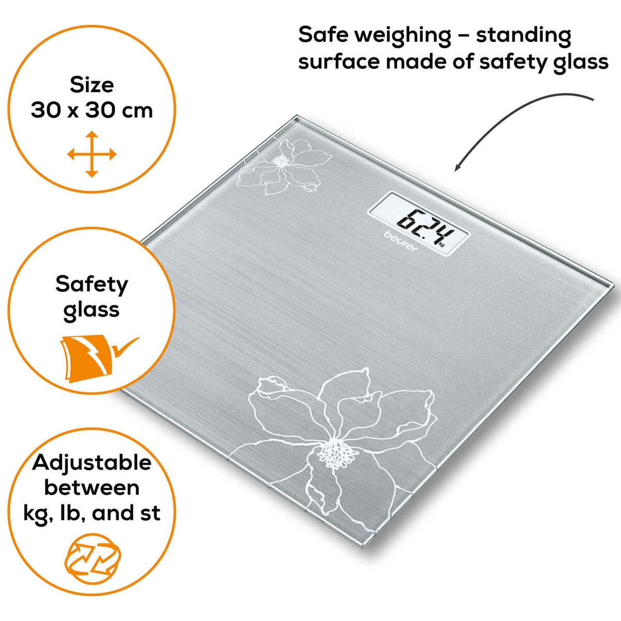 Beurer Germany GS 10 Bathroom Scale: Compact, Space-Saving. Silver-Grey Glass with Shimmer Flower Motif. 180kg Capacity