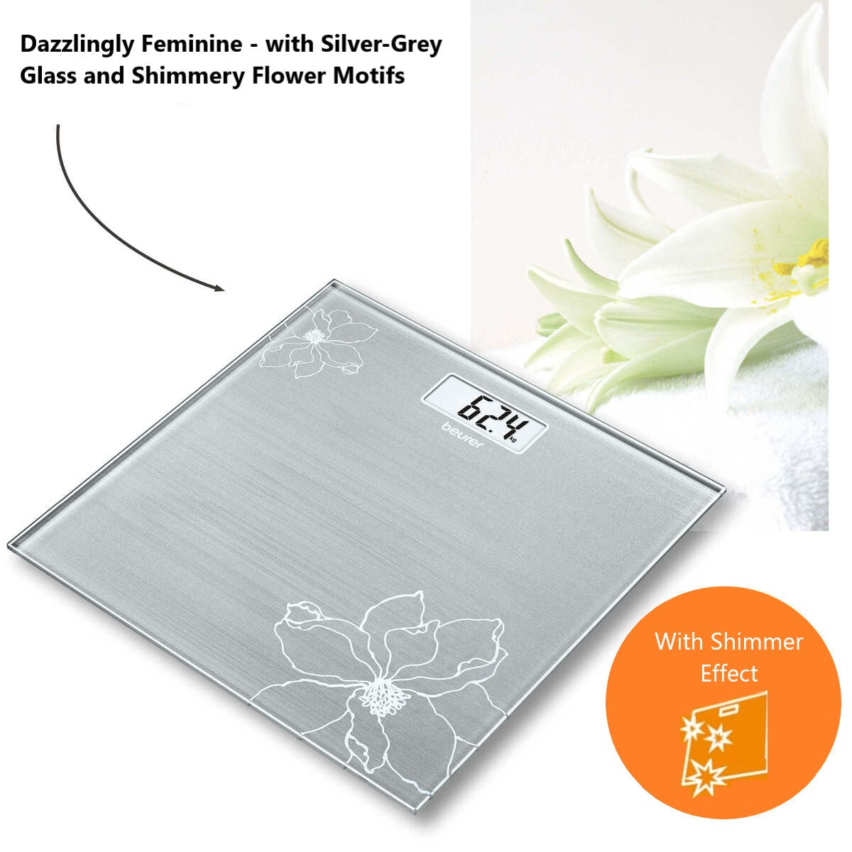 Beurer Germany GS 10 Bathroom Scale: Compact, Space-Saving. Silver-Grey Glass with Shimmer Flower Motif. 180kg Capacity