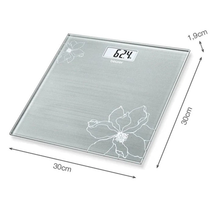 Beurer Germany GS 10 Bathroom Scale: Compact, Space-Saving. Silver-Grey Glass with Shimmer Flower Motif. 180kg Capacity