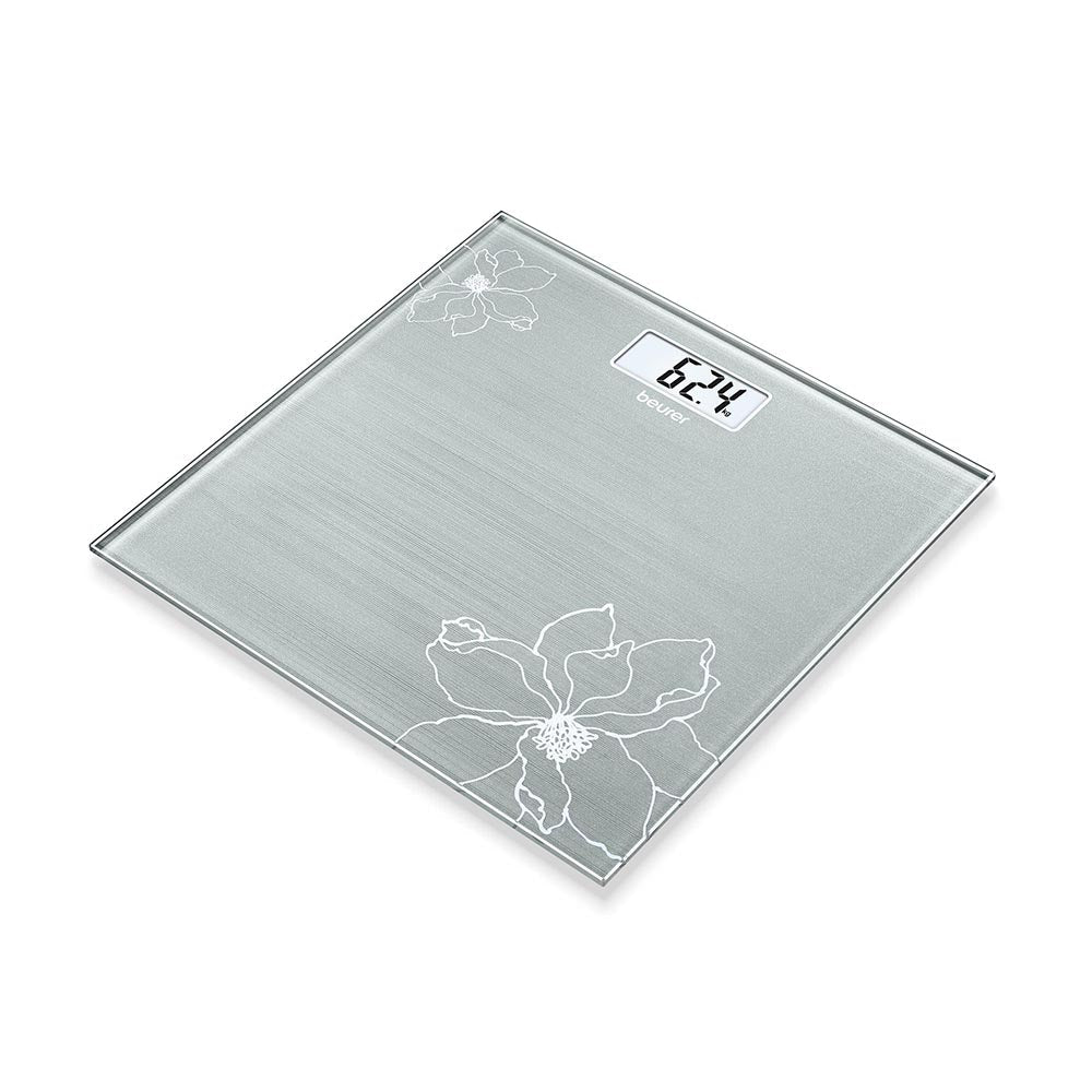 Beurer Germany GS 10 Bathroom Scale: Compact, Space-Saving. Silver-Grey Glass with Shimmer Flower Motif. 180kg Capacity