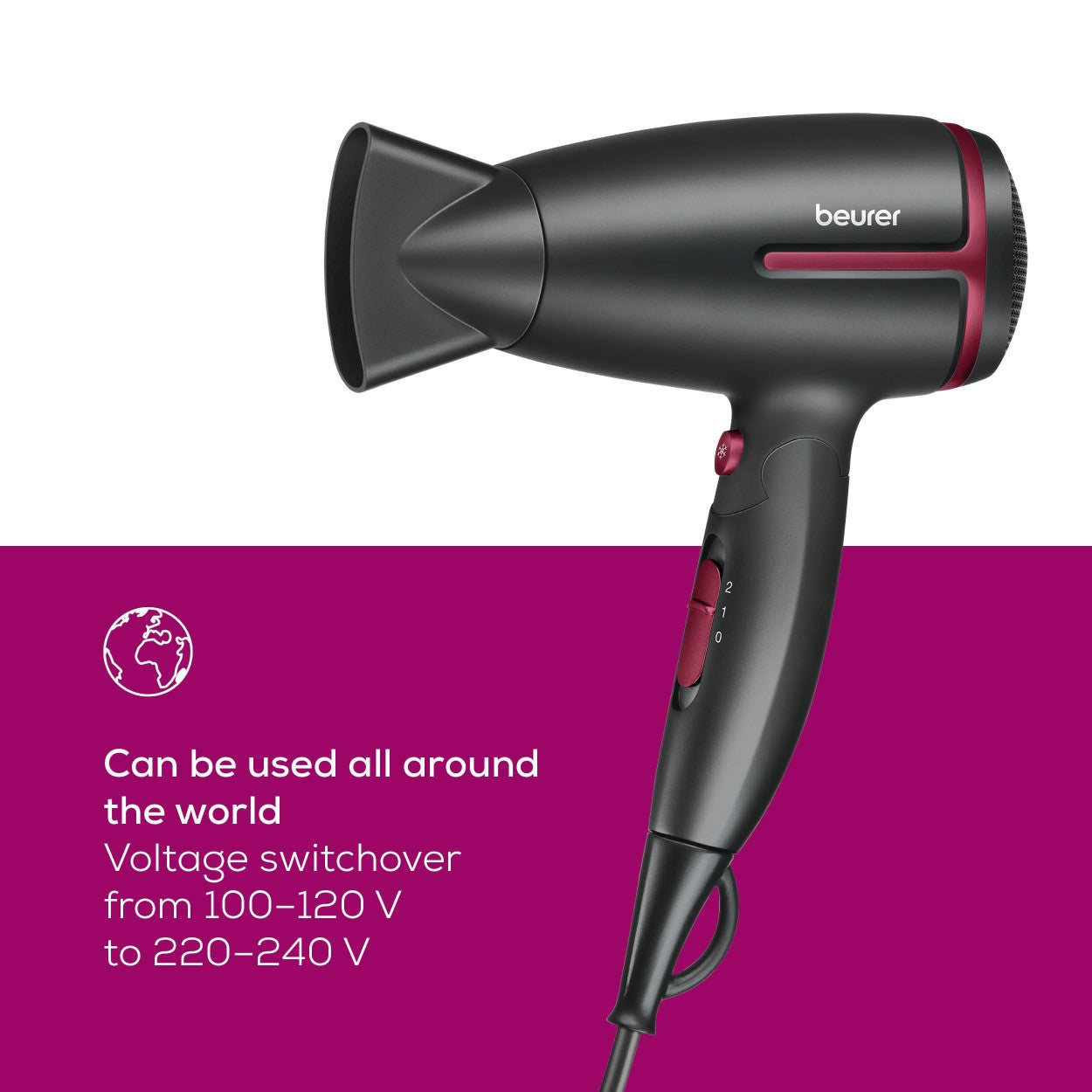 Beurer HC 25 LE25 Travel Hair Dryer | World Travel Voltage Switchover | Foldable | 1600 W Drying