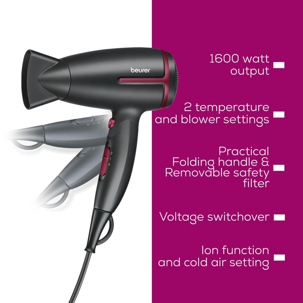 Beurer HC 25 LE25 Travel Hair Dryer | World Travel Voltage Switchover | Foldable | 1600 W Drying