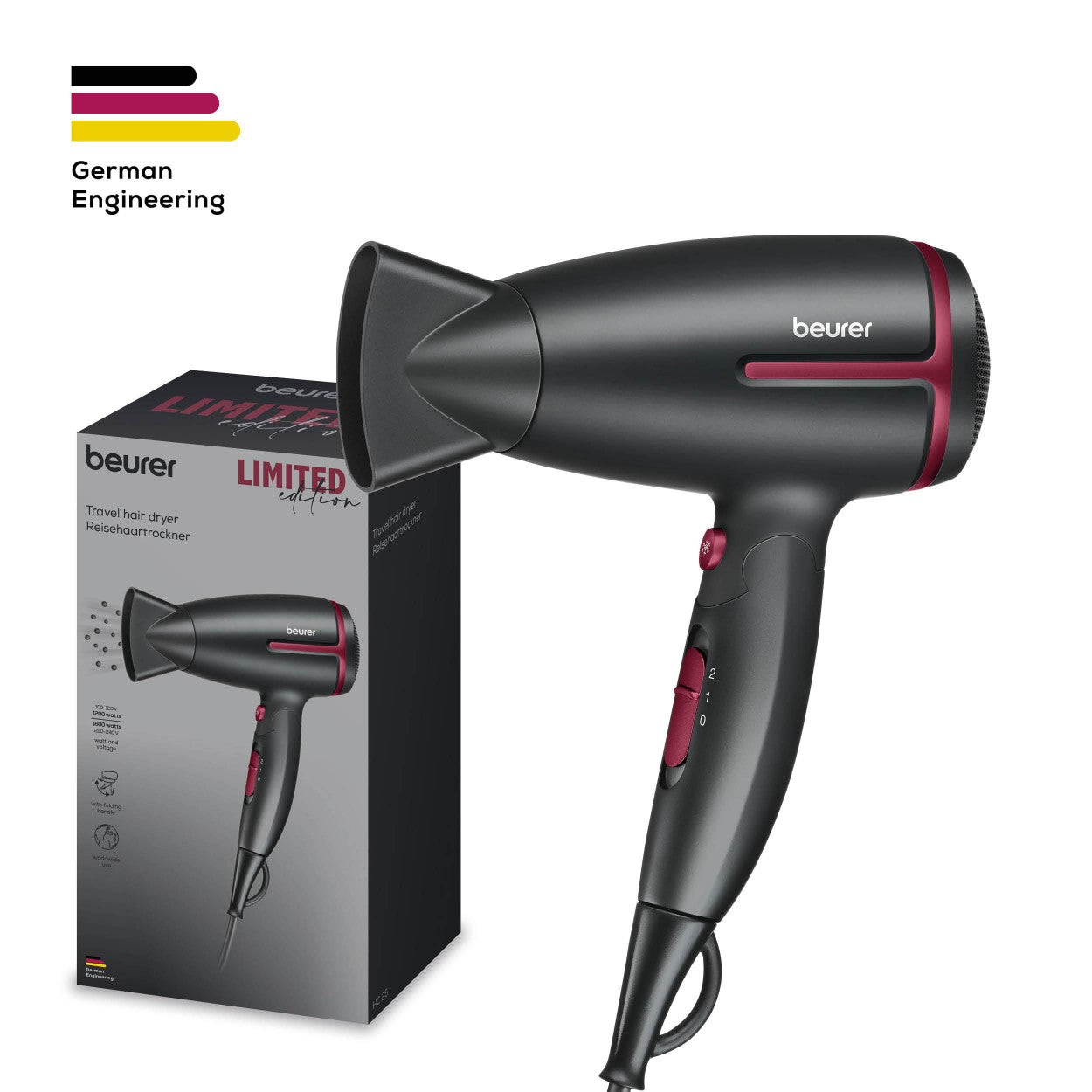 Beurer HC 25 LE25 Travel Hair Dryer | World Travel Voltage Switchover | Foldable | 1600 W Drying