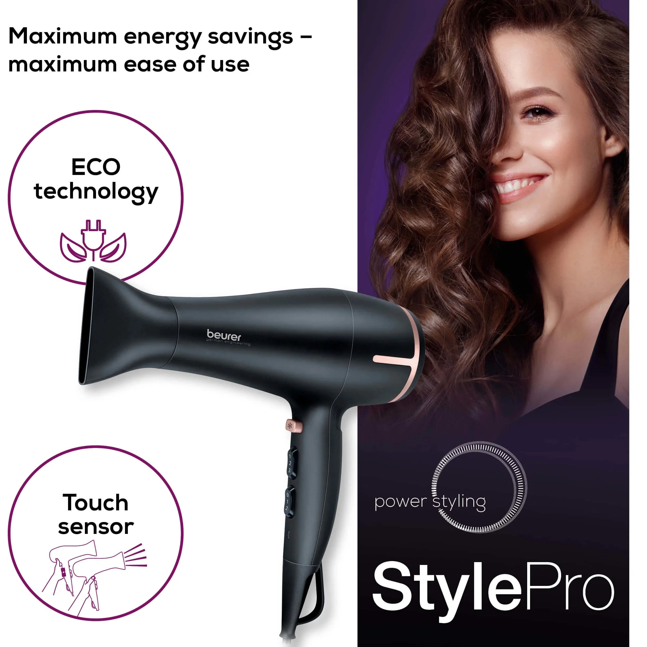 Beurer HC 60 Hair Dryer: Eco Friendly Touch Control Technology, Ion Function, 1400-2000W