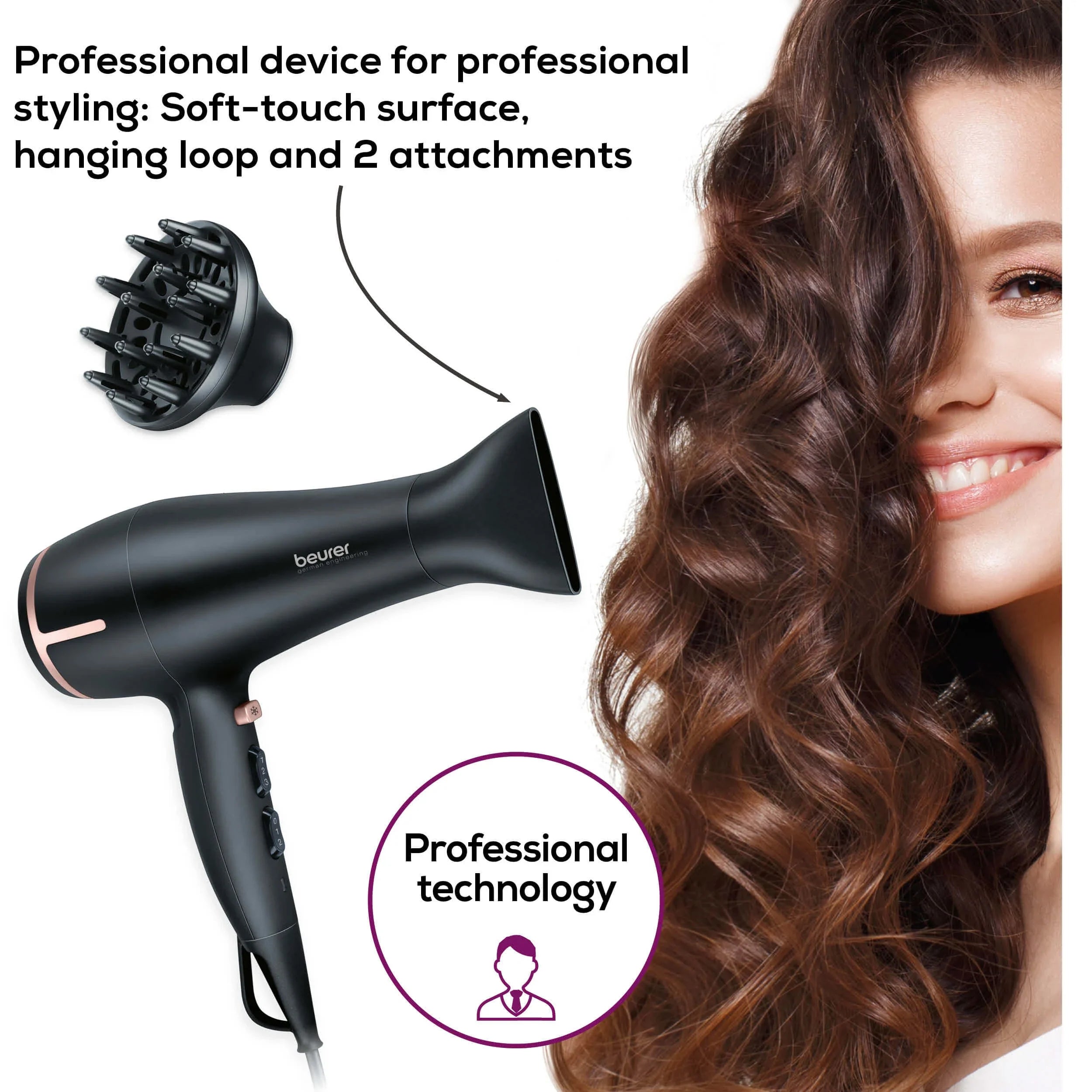 Beurer HC 60 Hair Dryer: Eco Friendly Touch Control Technology, Ion Function, 1400-2000W