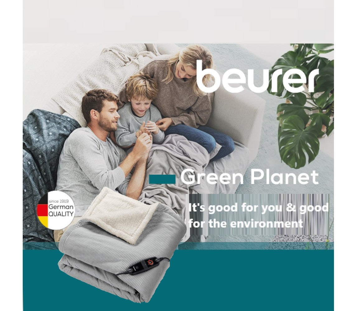 Beurer HD 81 GP Electric Blanket: Eco-Friendly Heated Throw. Corded Fabric. Light Grey 1.8x1.3m
