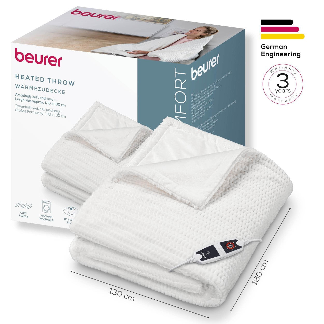 Beurer Electric Blanket HD 82 Helsinki | Portable Heated Throw for Sofa, Bed or Study | White | 130 x 180 cm