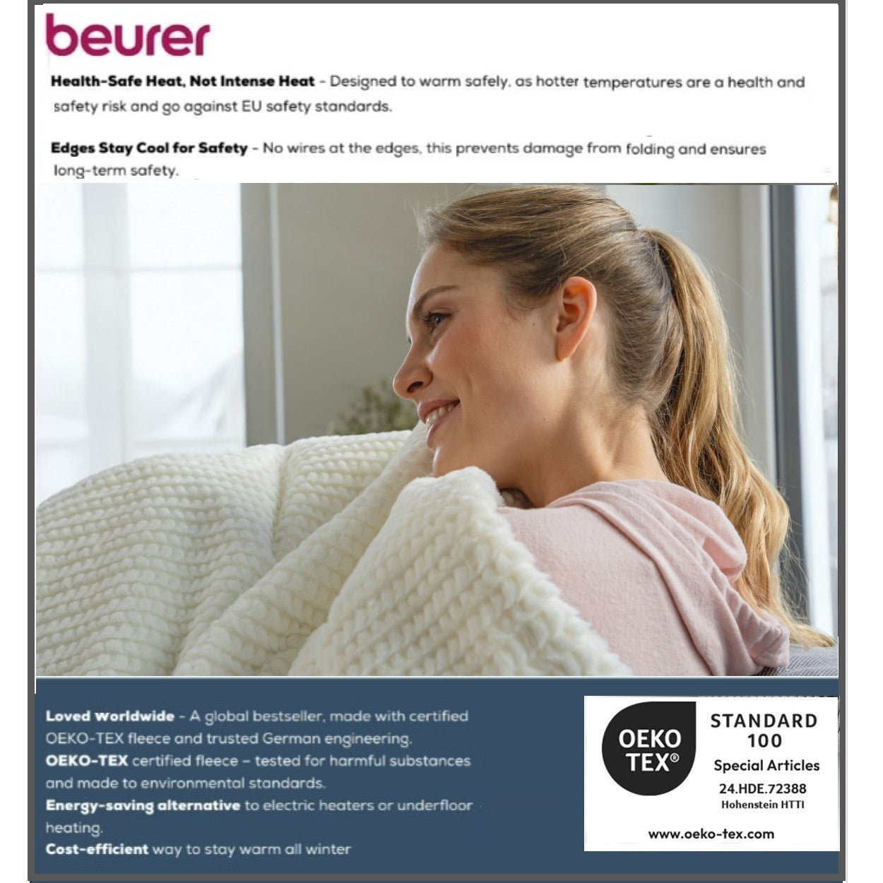 Beurer Electric Blanket HD 82 Helsinki | Portable Heated Throw for Sofa, Bed or Study | White | 130 x 180 cm