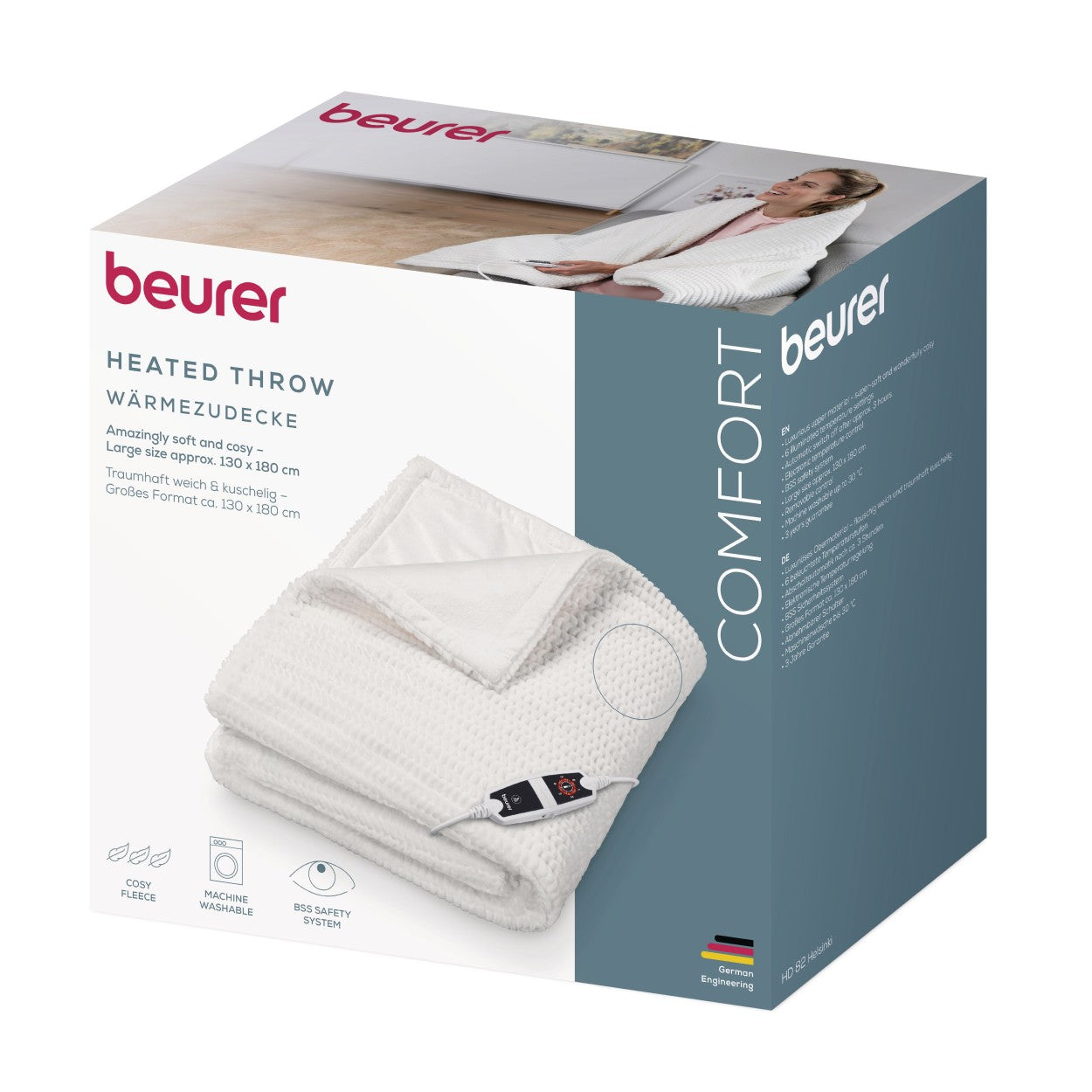 Beurer Electric Blanket HD 82 Helsinki | Portable Heated Throw for Sofa, Bed or Study | White | 130 x 180 cm