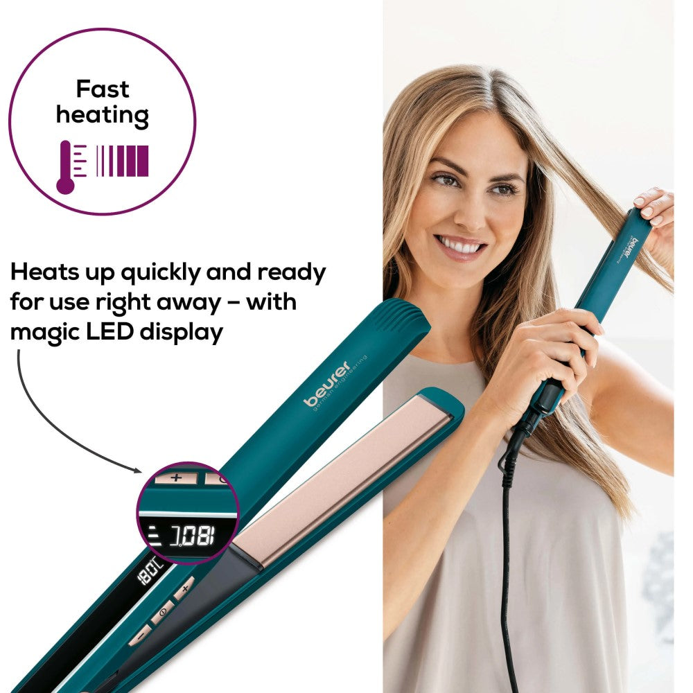 Beurer HS 50 Ocean Hair Straightener: Ceramic Keratin Flat Iron with Temperature Control in Ocean Blue