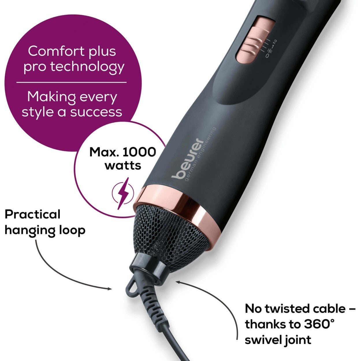 Beurer Germany HT 80 Rotating Hot Air Styling & Drying Brush. 2 Attachments for Straight Hair, Volume & Bounce or Curls & Waves