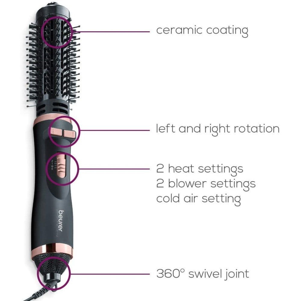 Beurer Germany HT 80 Rotating Hot Air Styling & Drying Brush. 2 Attachments for Straight Hair, Volume & Bounce or Curls & Waves