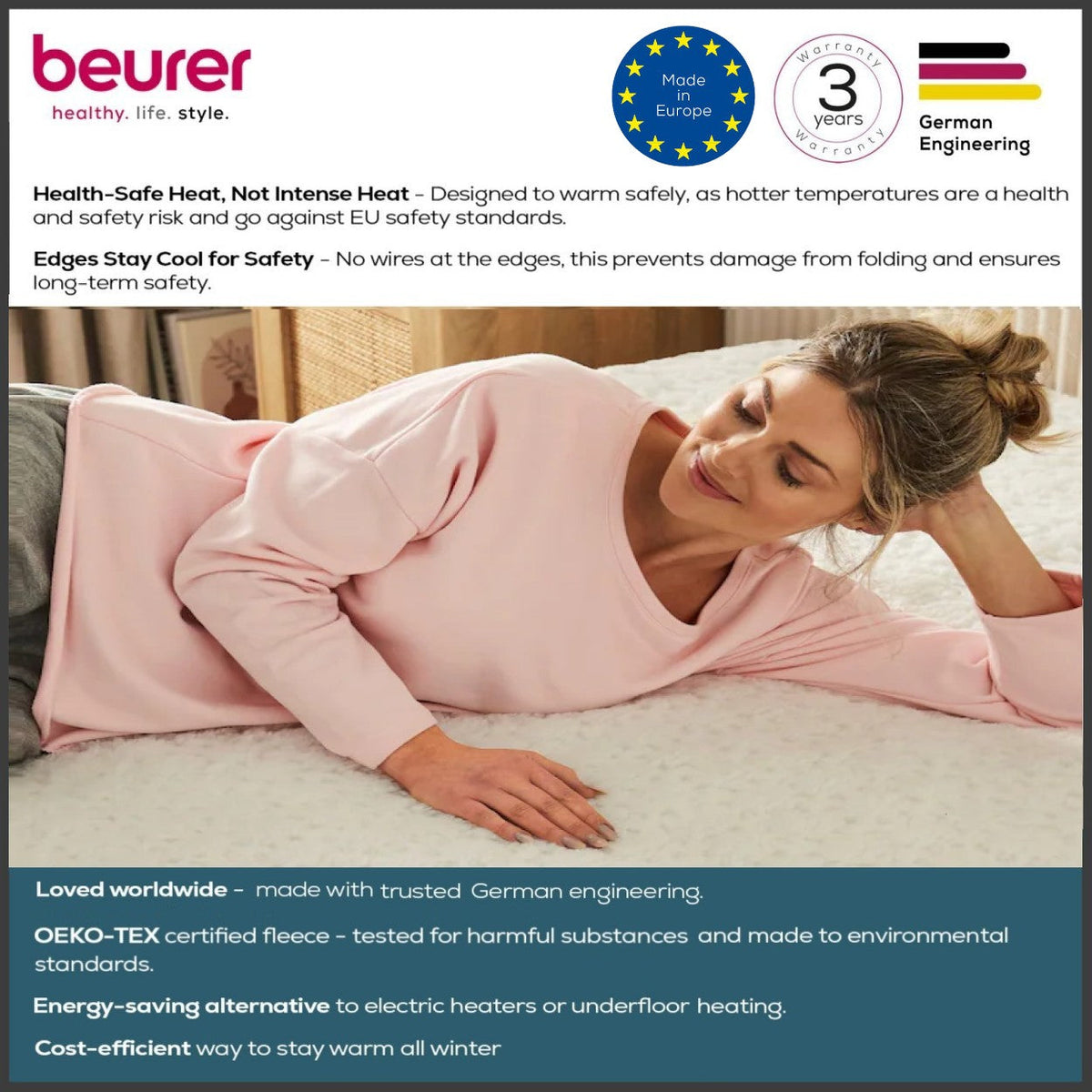 Beurer Germany Indulgence Heated Electric Blanket Mattress Topper | Dual Controls | 6 Heat Settings | Low Energy Use | Super King XL (180 x 200 cm)
