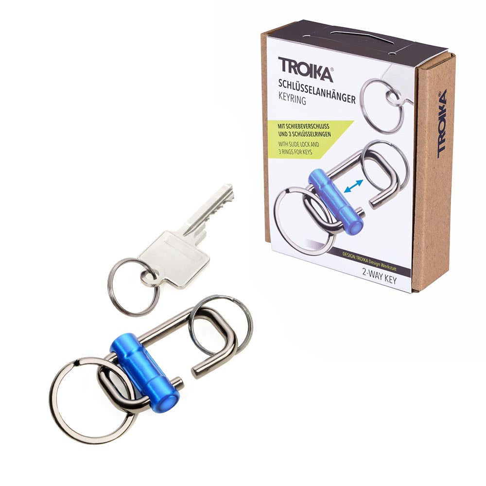 TROIKA Keyring with Quick-Release Slide Lock and 3 Rings - Blue