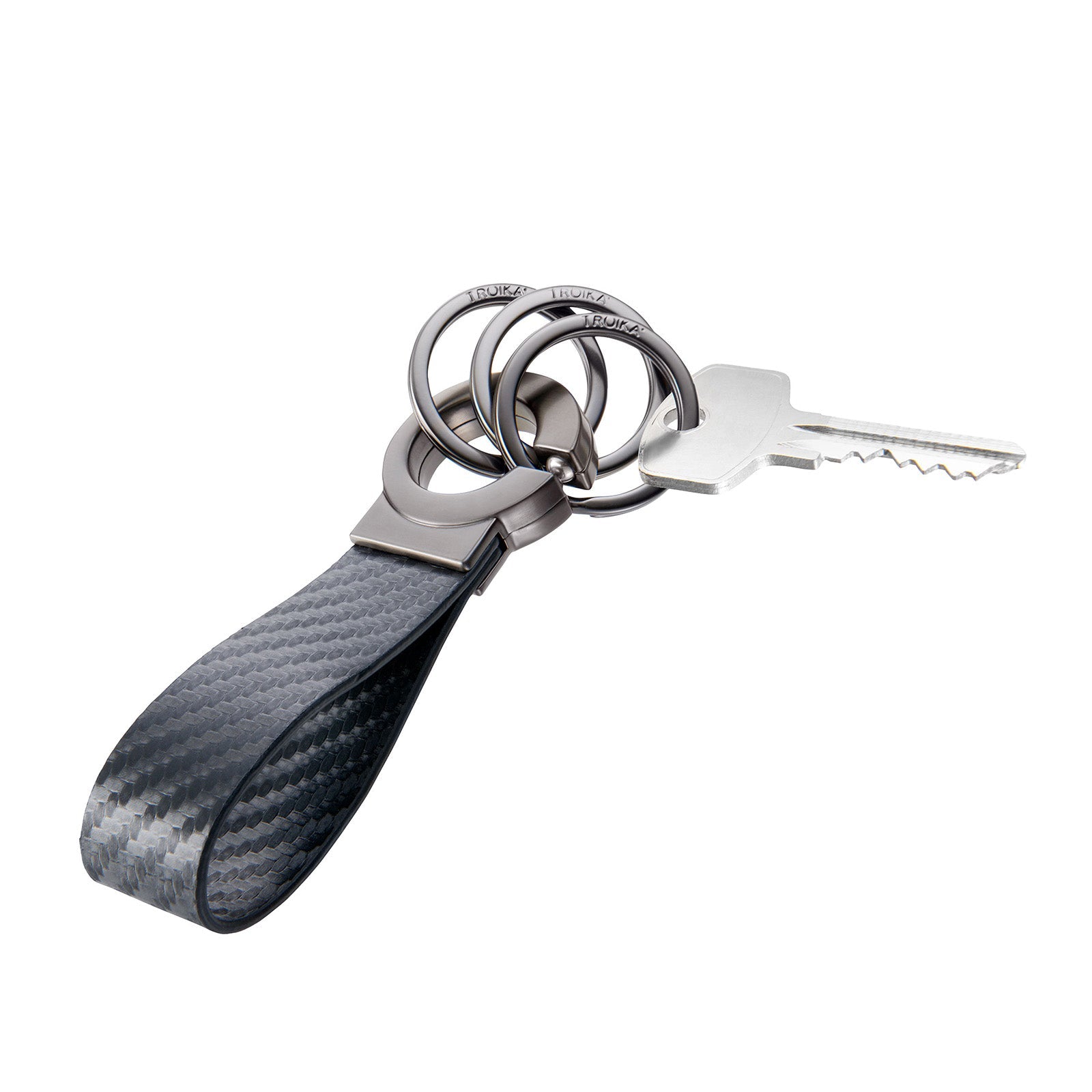 TROIKA Germany Clip Keyring | Carbon Faux Leather | Click Fastener | 3 Rings