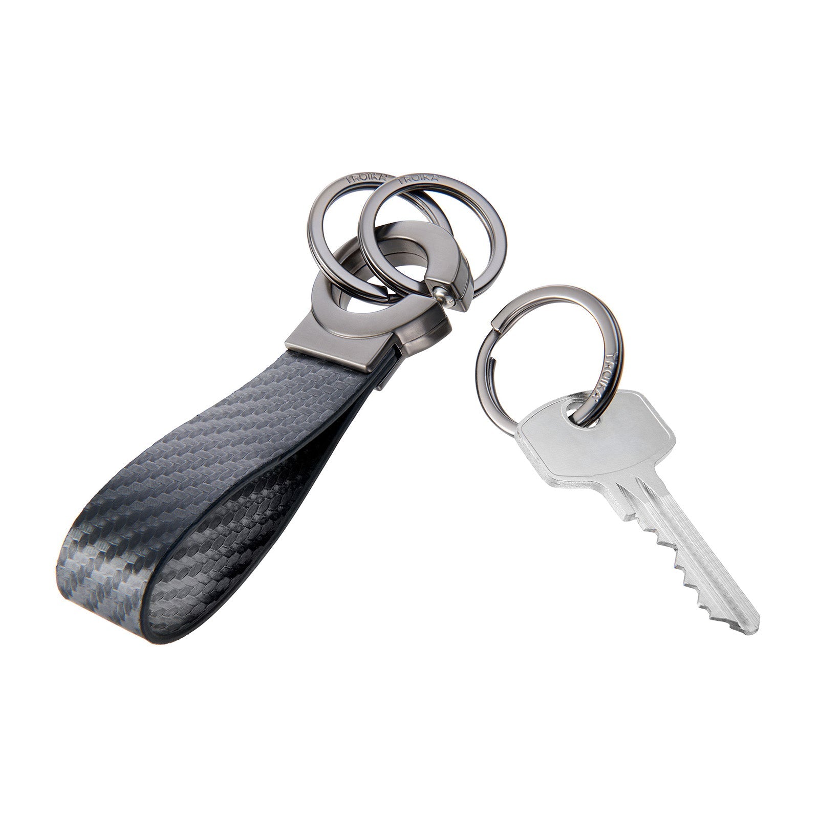TROIKA Germany Clip Keyring | Carbon Faux Leather | Click Fastener | 3 Rings