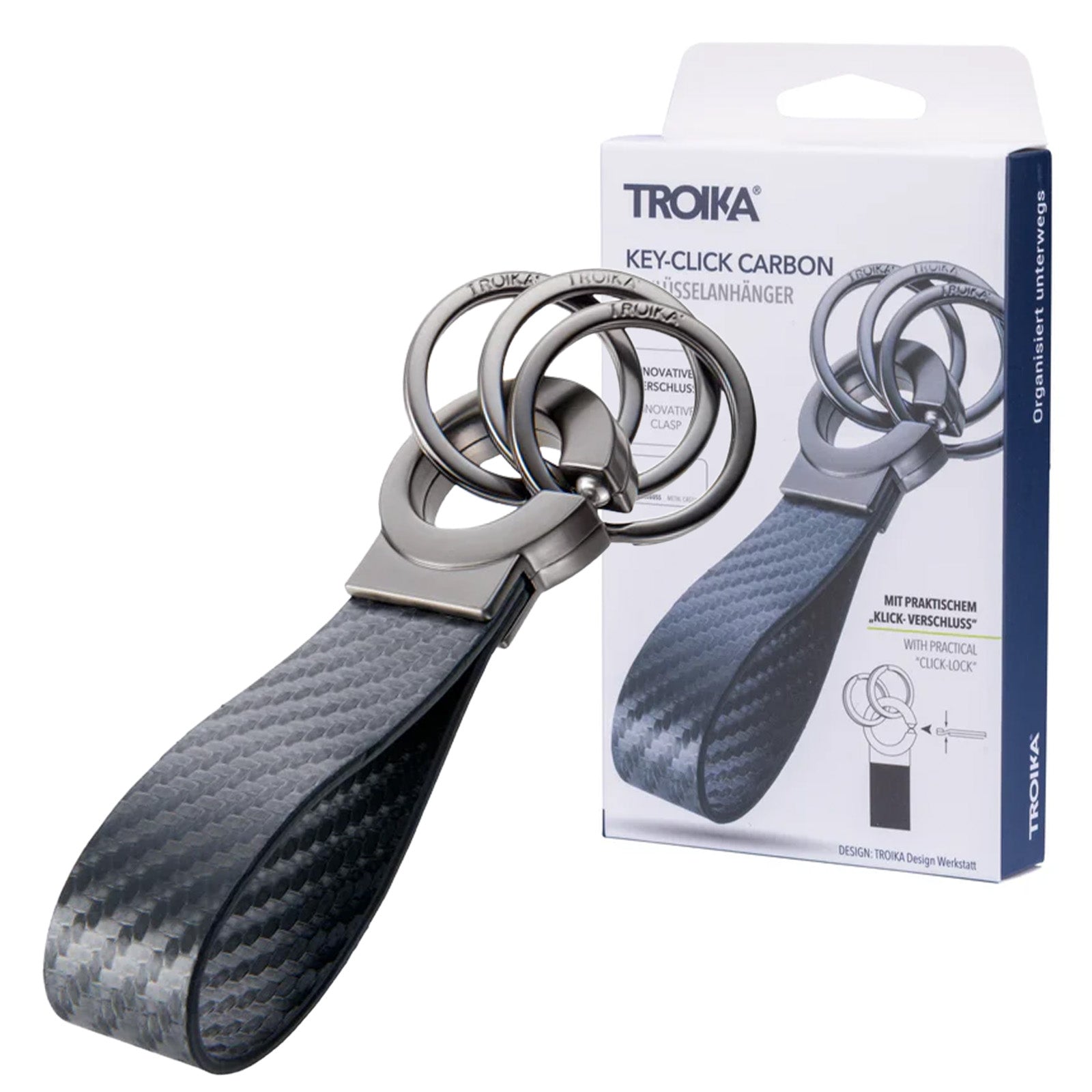 TROIKA Germany Clip Keyring | Carbon Faux Leather | Click Fastener | 3 Rings
