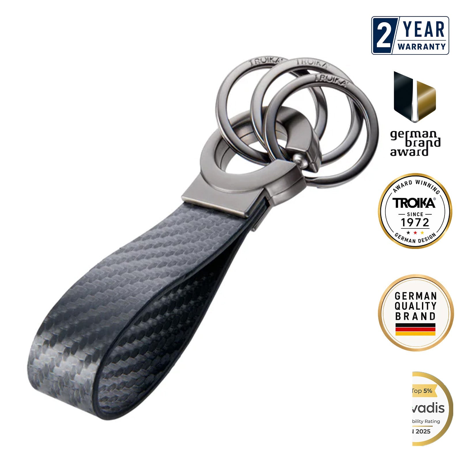TROIKA Germany Clip Keyring | Carbon Faux Leather | Click Fastener | 3 Rings