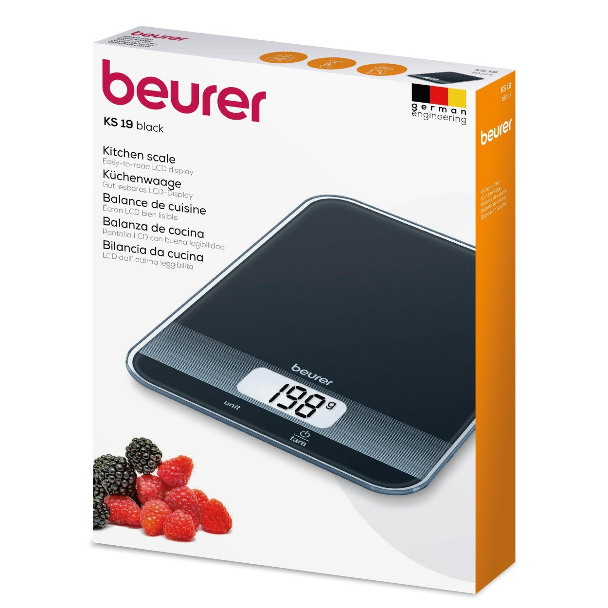 Beurer Germany KS 19 Digital Kitchen Scale in Black Glass: 5Kg Capacity. 1g Increments