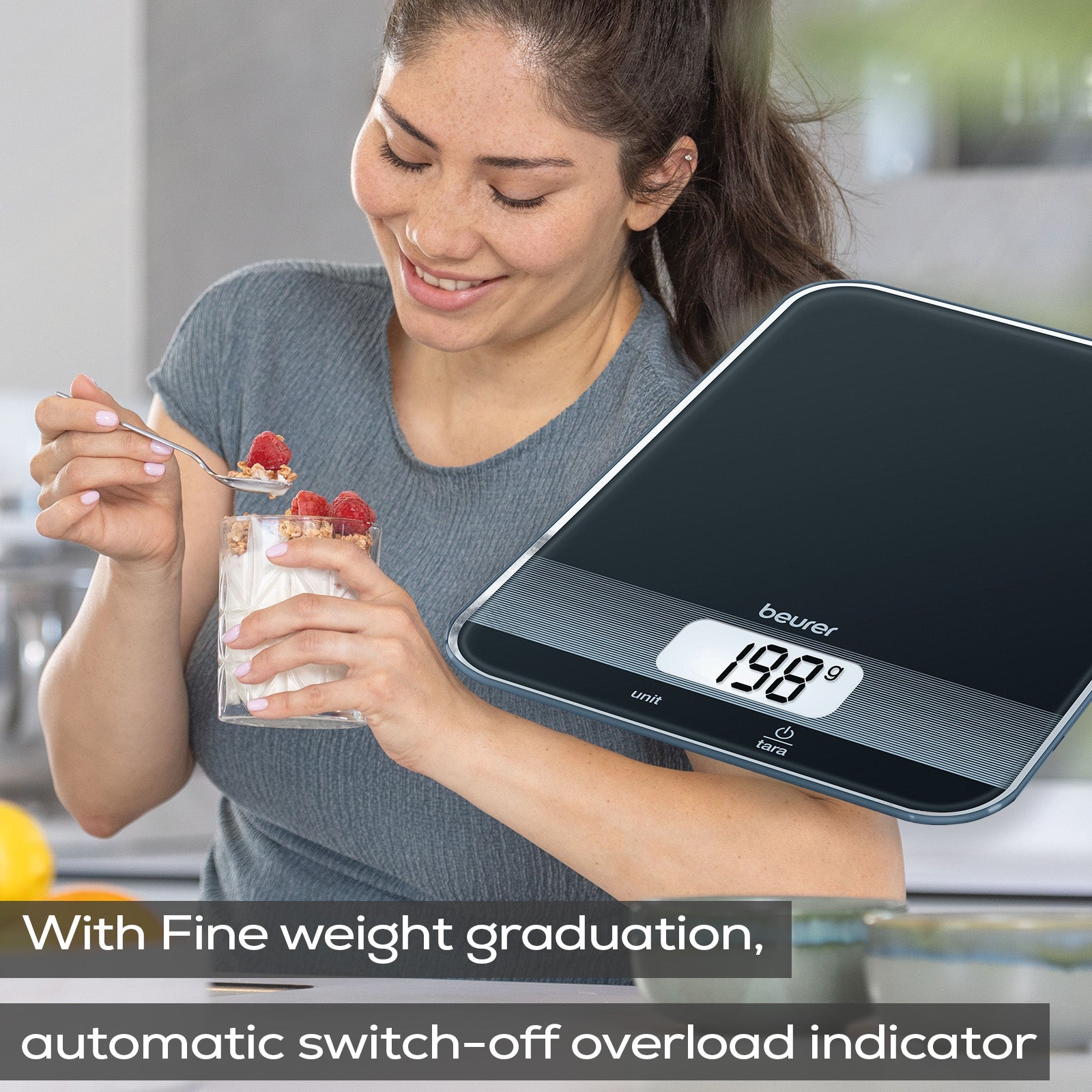 Beurer Germany KS 19 Digital Kitchen Scale | 1g Increments to 5kg. Tare Mode. Glass | Sleek Black