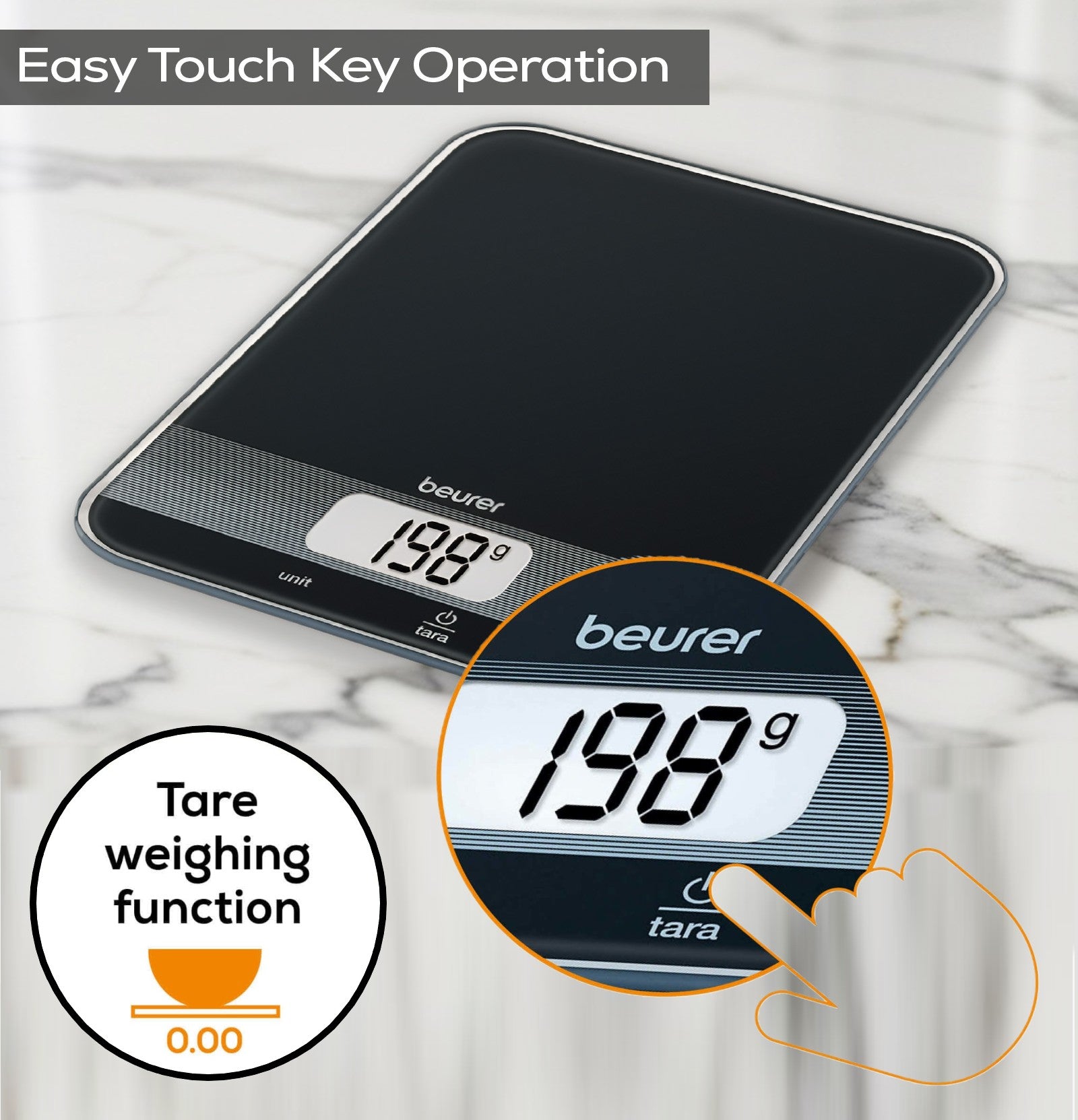 Beurer Germany KS 19 Digital Kitchen Scale | 1g Increments to 5kg. Tare Mode. Glass | Sleek Black