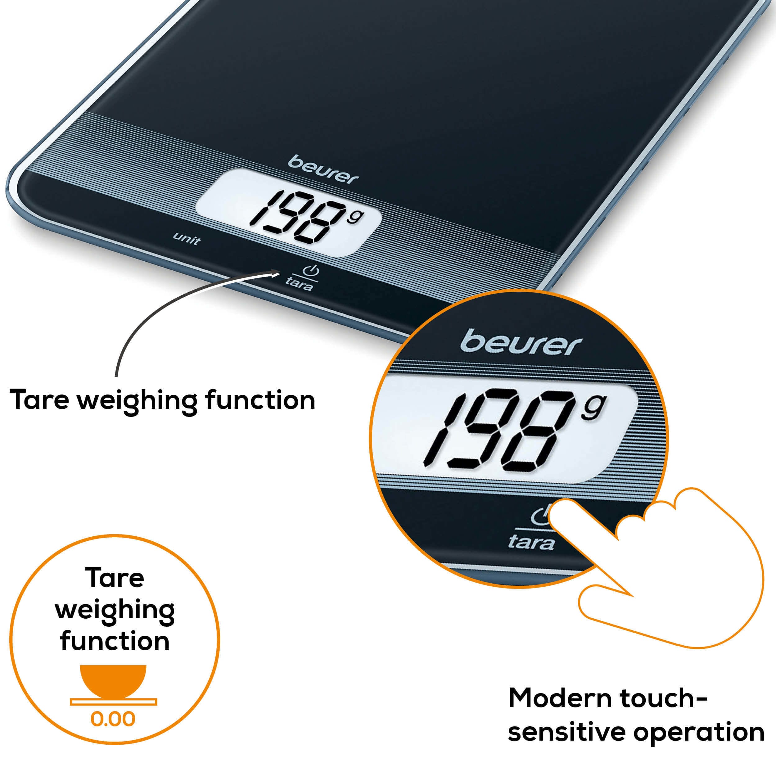 Beurer Germany KS 19 Digital Kitchen Scale in Black Glass: 5Kg Capacity. 1g Increments