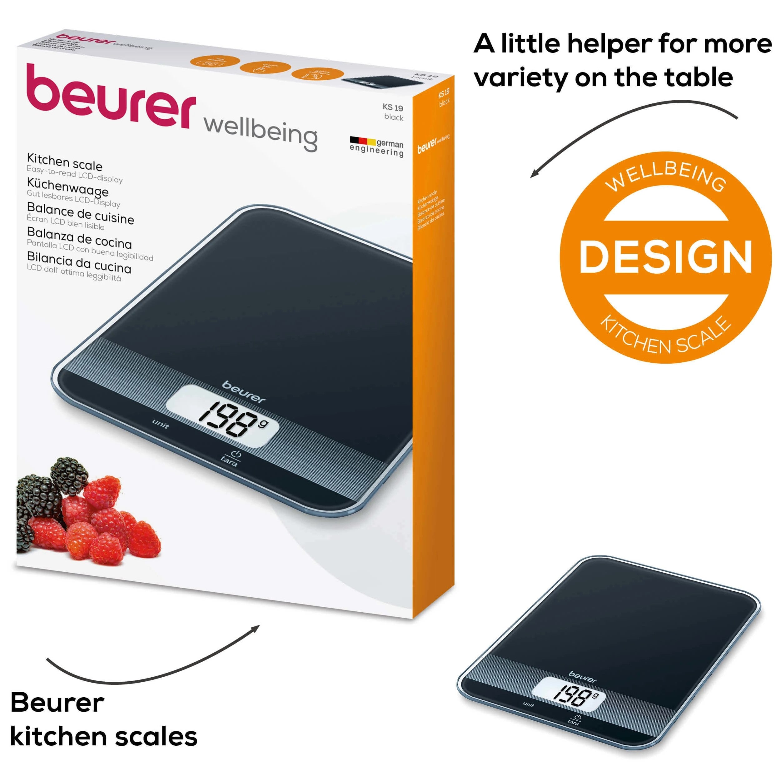 Beurer Germany KS 19 Digital Kitchen Scale in Black Glass: 5Kg Capacity. 1g Increments