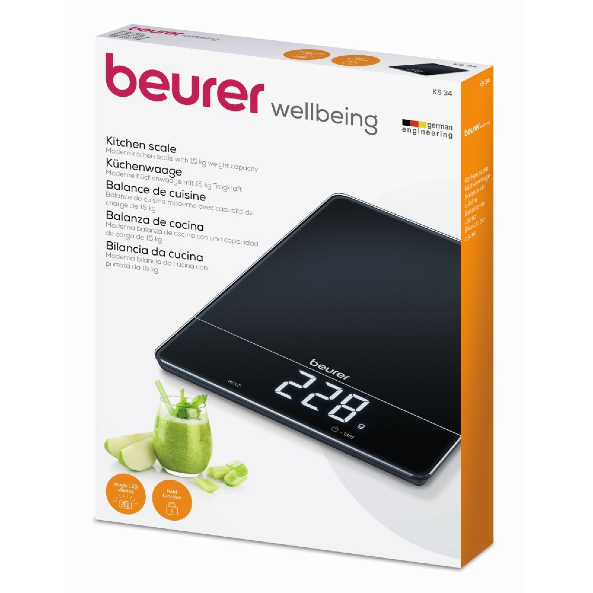 Beurer KS 34 Digital Glass Kitchen Scale: XL 15kg Weight Capacity. 1g Increments. Large LED Display