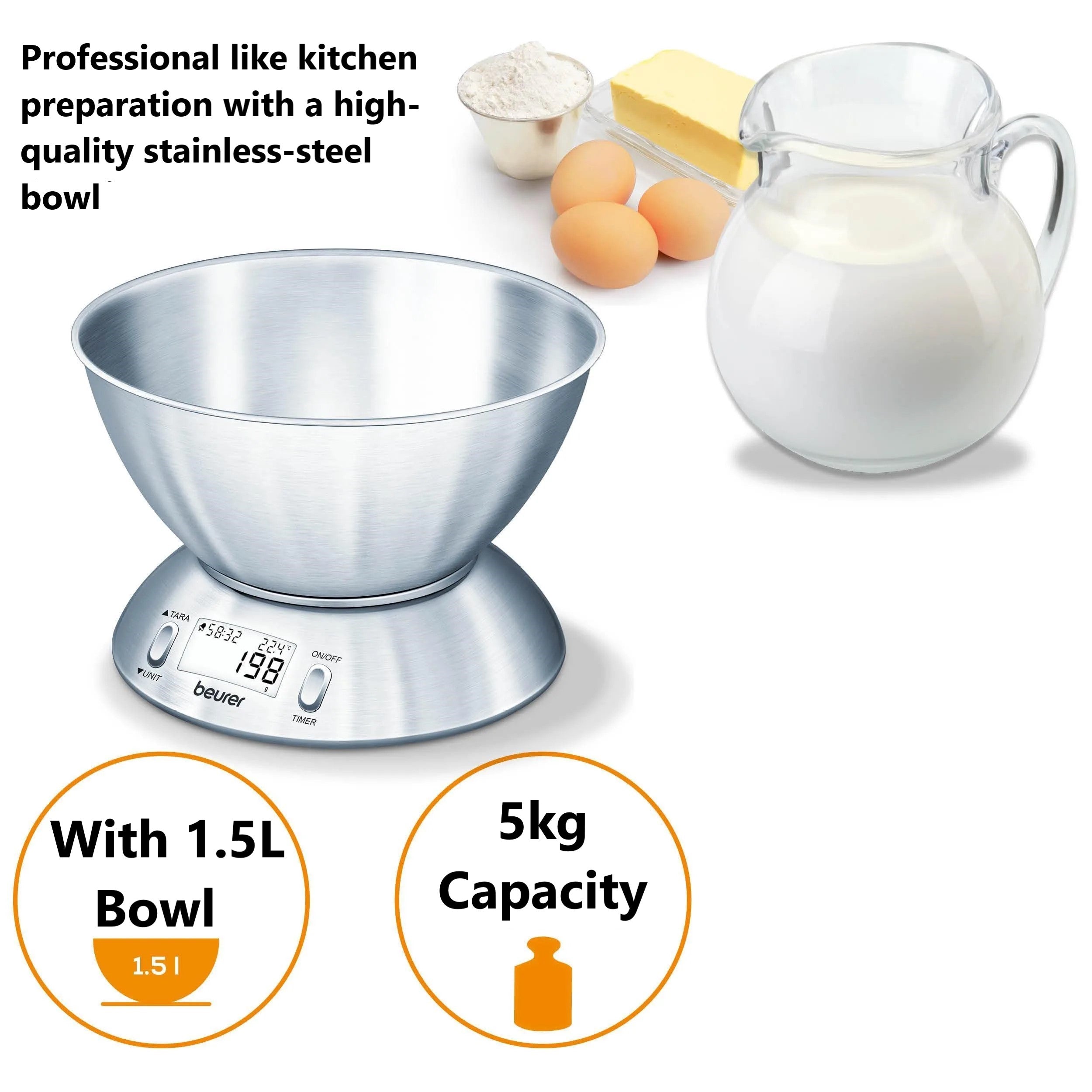 Beurer Germany Kitchen Scale with 1.5L Dishwasher-Safe Stainless-Steel Bowl, Integrated Room Thermometer & Timer. 5kg capacity. 1g Graduation