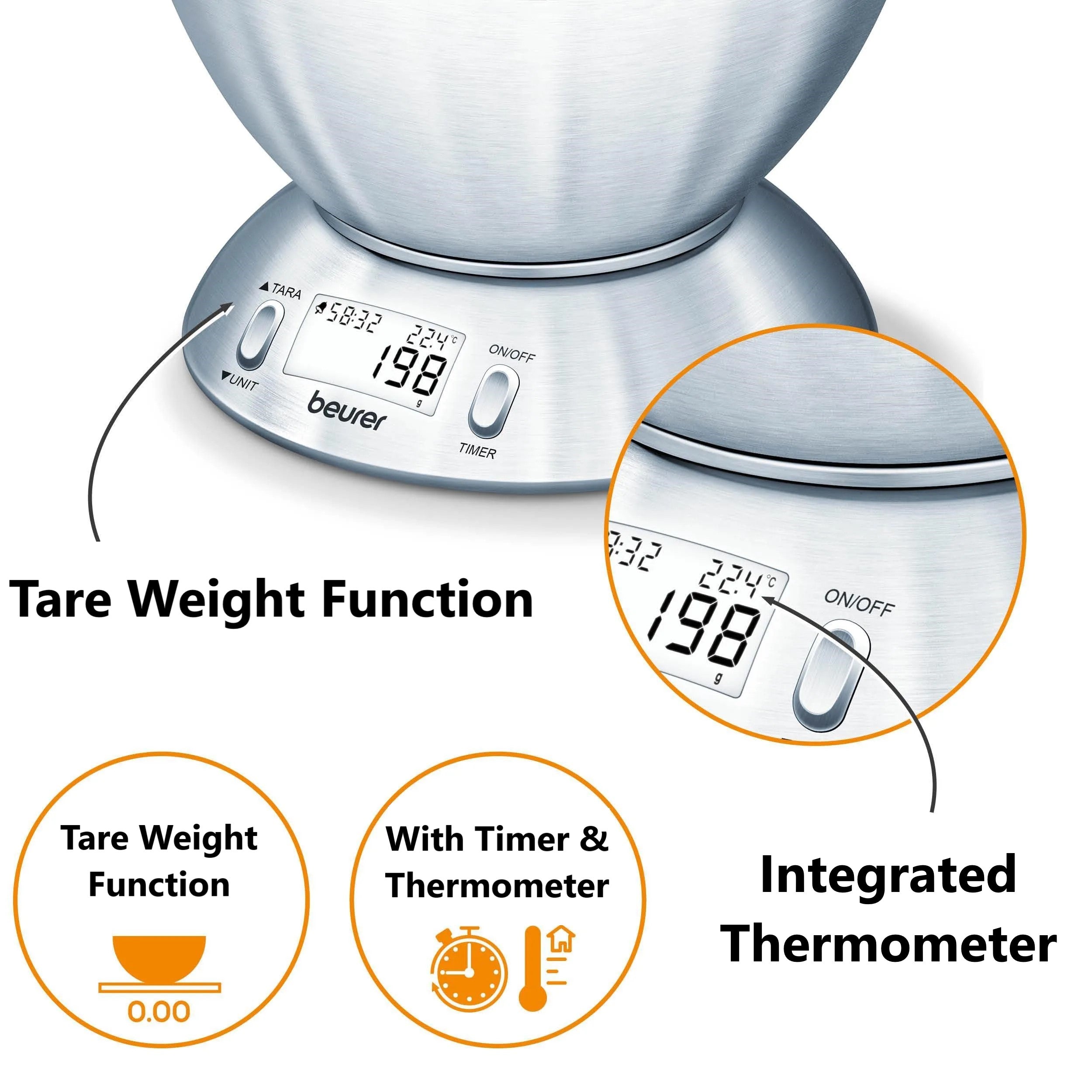 Beurer Germany Kitchen Scale with 1.5L Dishwasher-Safe Stainless-Steel Bowl, Integrated Room Thermometer & Timer. 5kg capacity. 1g Graduation