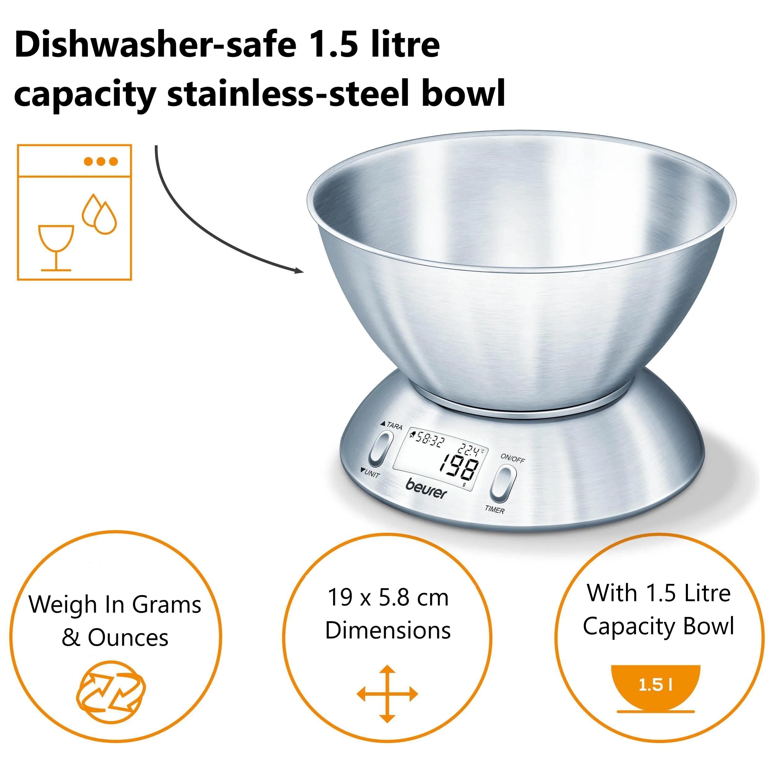 Beurer Germany Kitchen Scale with 1.5L Dishwasher-Safe Stainless-Steel Bowl, Integrated Room Thermometer & Timer. 5kg capacity. 1g Graduation