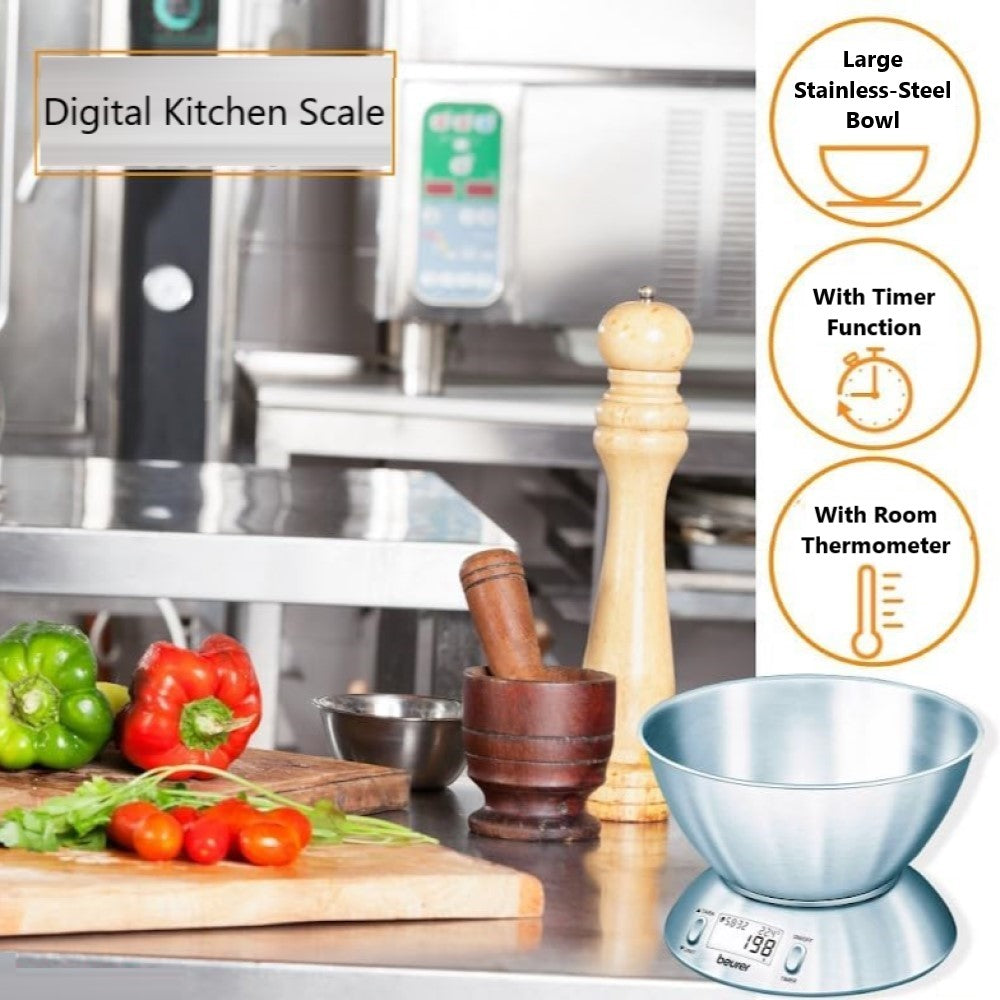 Beurer Germany Kitchen Scale with 1.5L Dishwasher-Safe Stainless-Steel Bowl, Integrated Room Thermometer & Timer. 5kg capacity. 1g Graduation