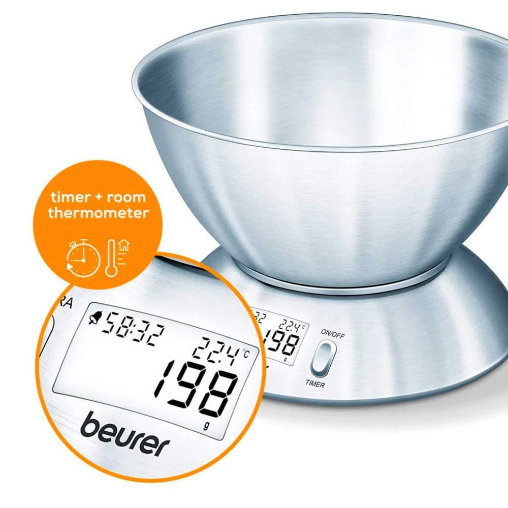 Beurer Germany Kitchen Scale with 1.5L Dishwasher-Safe Stainless-Steel Bowl, Integrated Room Thermometer & Timer. 5kg capacity. 1g Graduation