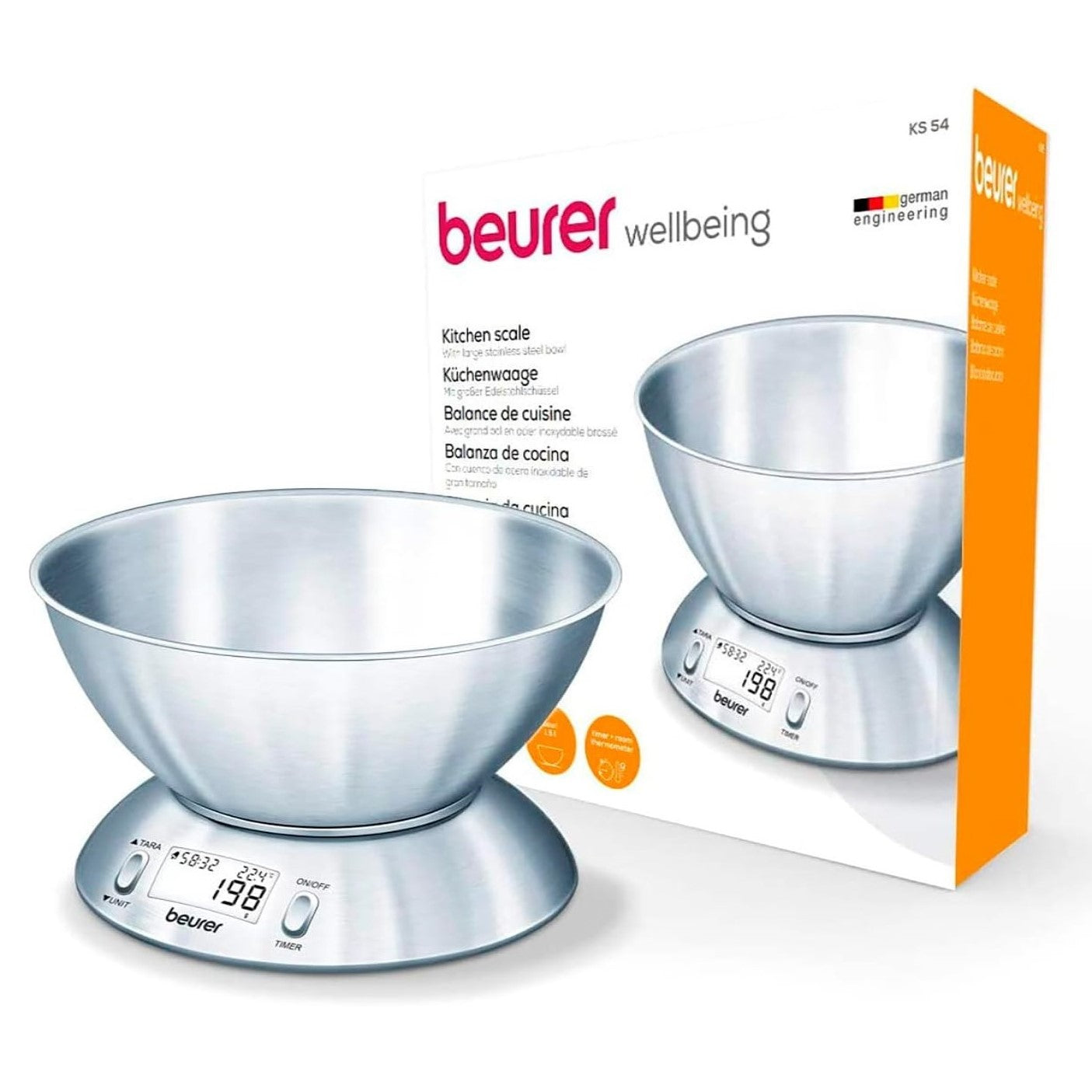 Beurer Germany Kitchen Scale with 1.5L Dishwasher-Safe Stainless-Steel Bowl, Integrated Room Thermometer & Timer. 5kg capacity. 1g Graduation