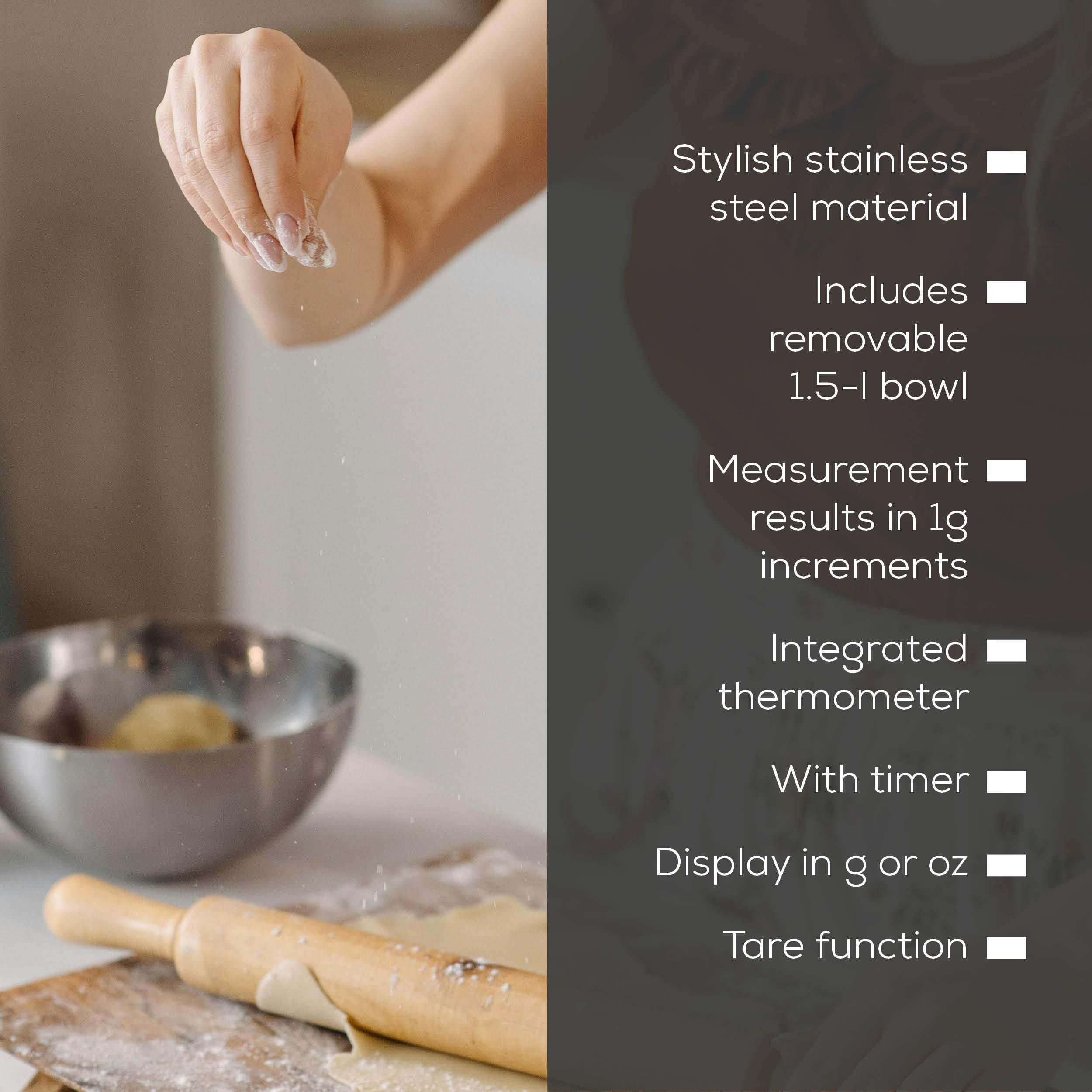Beurer Germany Kitchen Scale with 1.5L Dishwasher-Safe Stainless-Steel Bowl, Integrated Room Thermometer & Timer. 5kg capacity. 1g Graduation