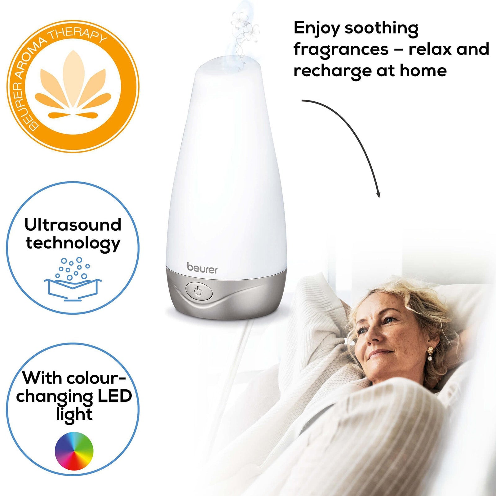 Beurer Germany Aroma Diffuser: Fragrant Mist. Colour-Change LED Light LA 30