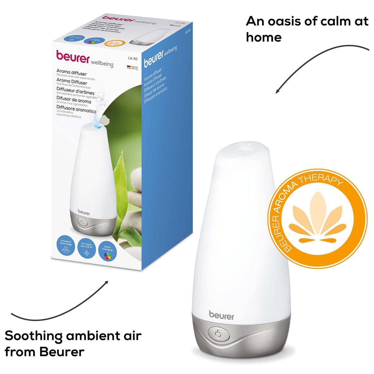 Beurer Germany Aroma Diffuser: Fragrant Mist. Colour-Change LED Light LA 30