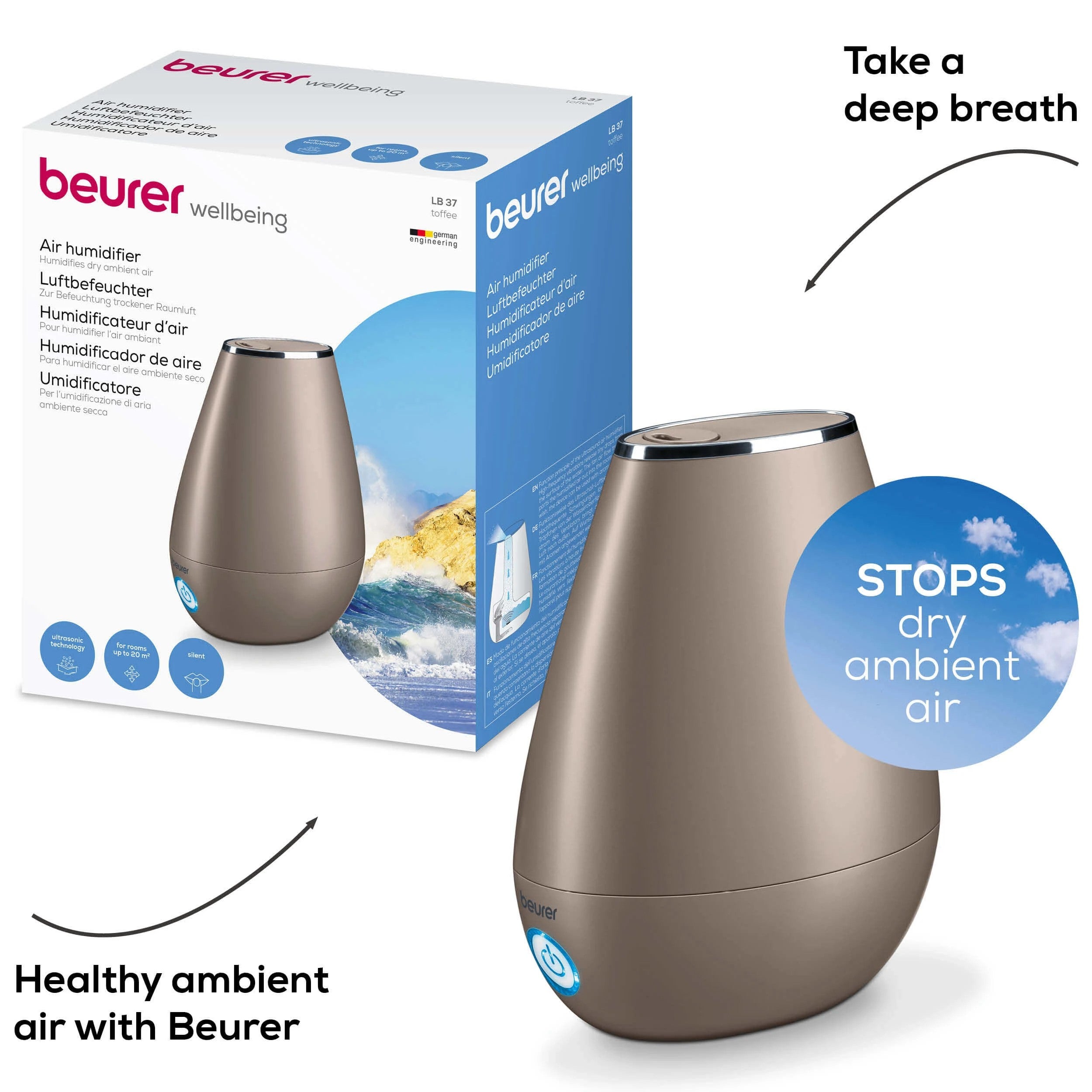 Beurer Germany LB 37: 2-in-1 Air Humidifier & Optional Aroma Diffuser for All Rooms Up To 20m2 - Toffee Colour