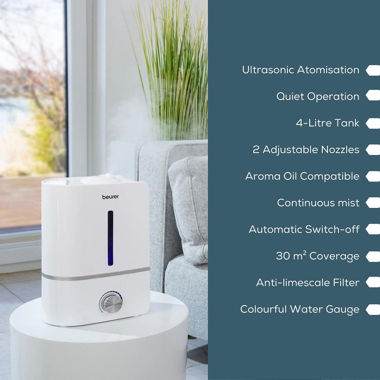 Beurer Germany LB 45 Ultrasonic Air Humidifier &amp; Optional Aroma Oil Diffuser | Maximum 30m² Rooms