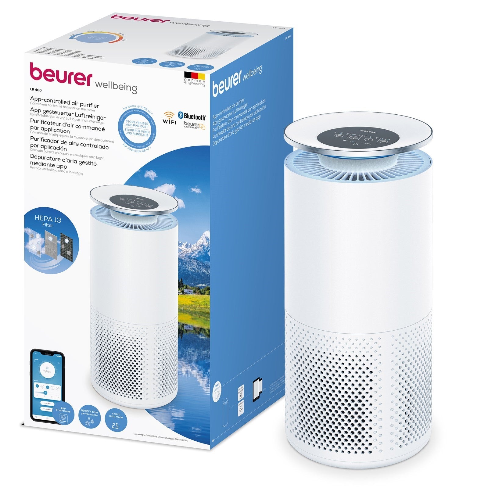 Beurer LR 400 Air Purifier with App: 99% Cleaner Air for Allergy Sufferers with HEPA FiIter for Max Room Size 69m2