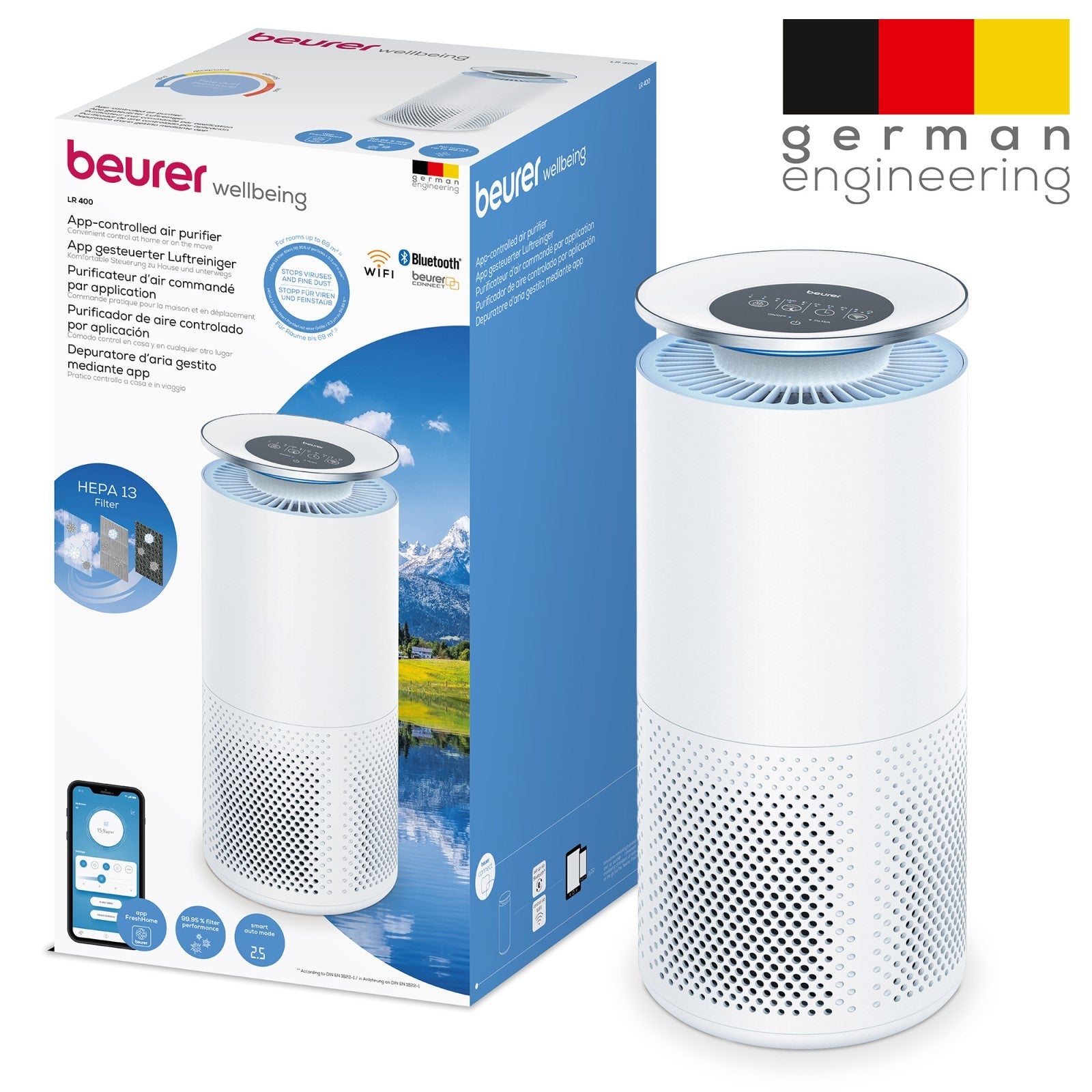 Beurer LR 400 Air Purifier with App: 99% Cleaner Air for Allergy Sufferers with HEPA FiIter for Max Room Size 69m2