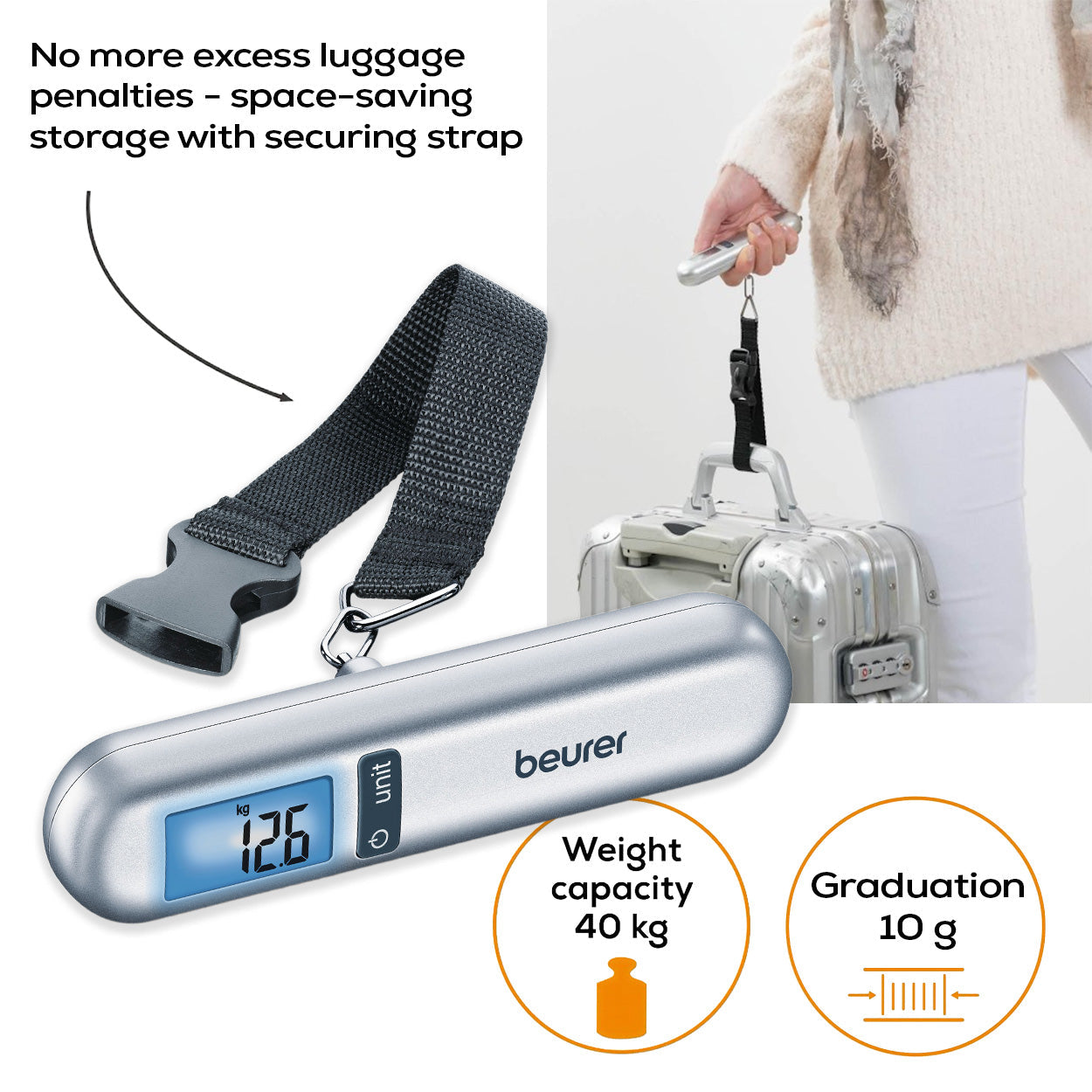 Beurer LS 06 Luggage Scale with Integrated Tape Measure | Small & Portable | Fits in Your Handbag | 40kg Capacity | 10g Precision
