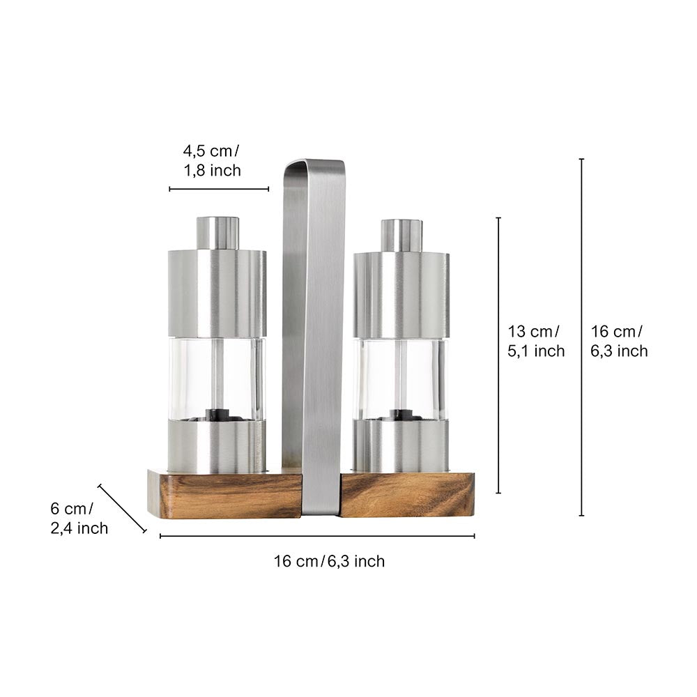 AdHoc Salt & Pepper Grinders on Wood Tray with Handle - Menage Classic 3-Pieces