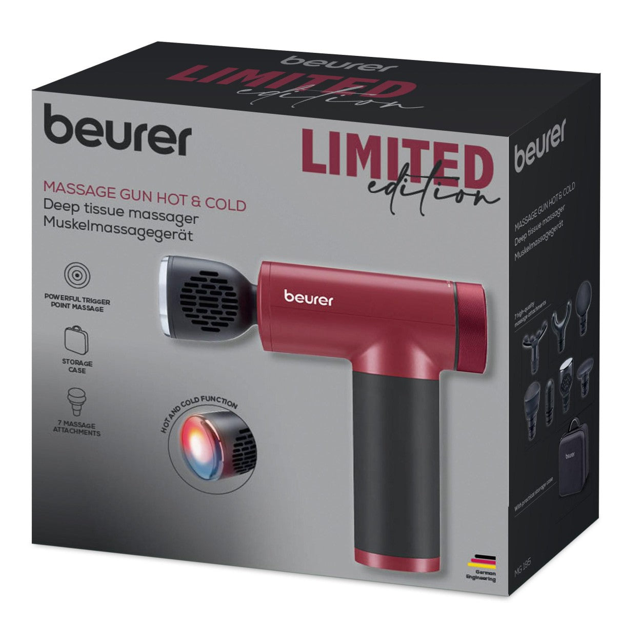 Beurer MG 195 LE25 Massage Gun | Hot & Cold Trigger Point Massage | 7 Attachments | 9 Modes | USB Rechargeable