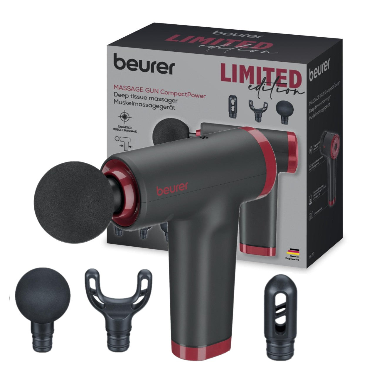 Beurer Massage Gun MG 89 LE25 Rechargeable, Compact, Powerful, Targeted Muscle Regeneration. 3 Massage Heads
