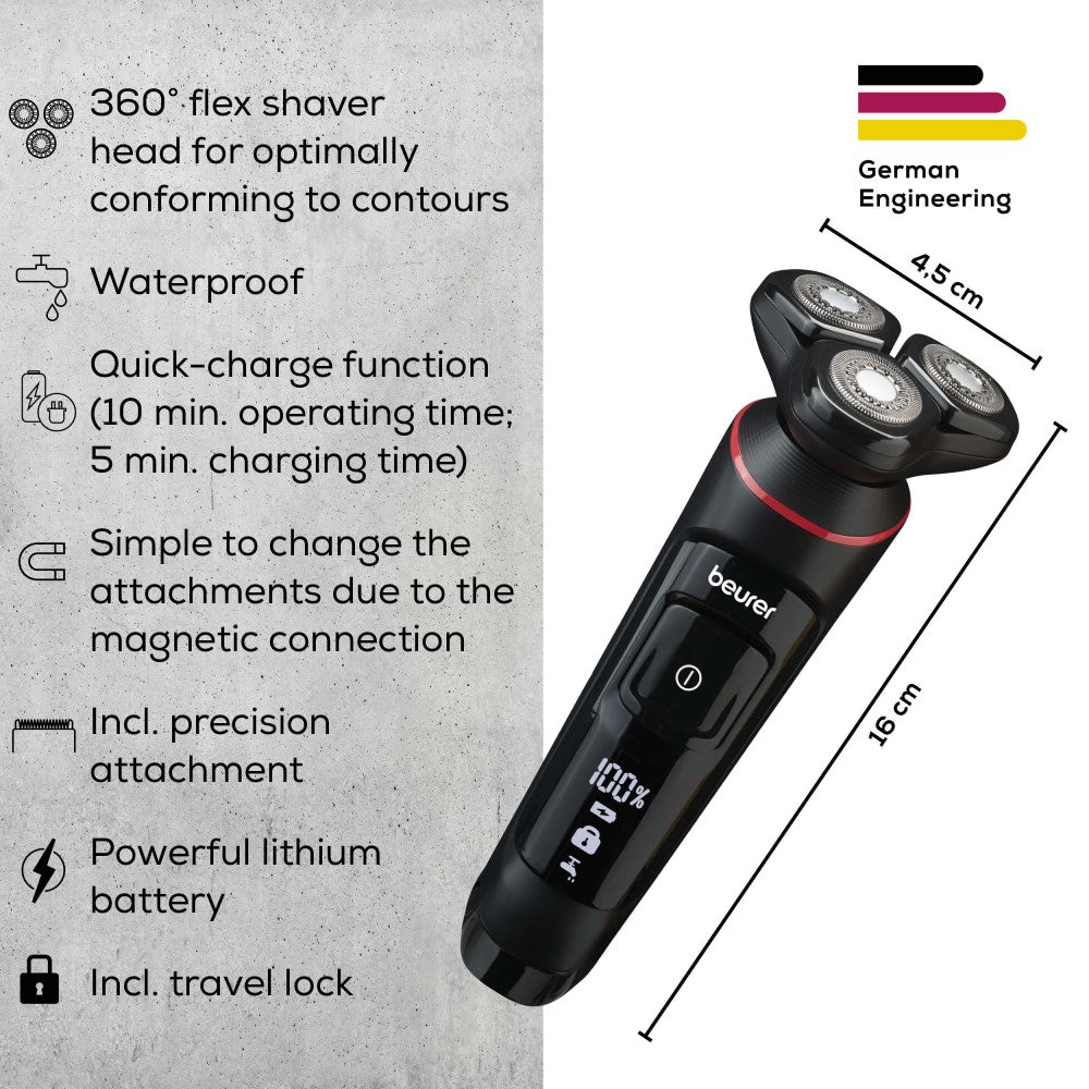 Beurer MN8X Rotary Shaver: 360° Flexible Head, IPX7 Waterproof, Rechargeable