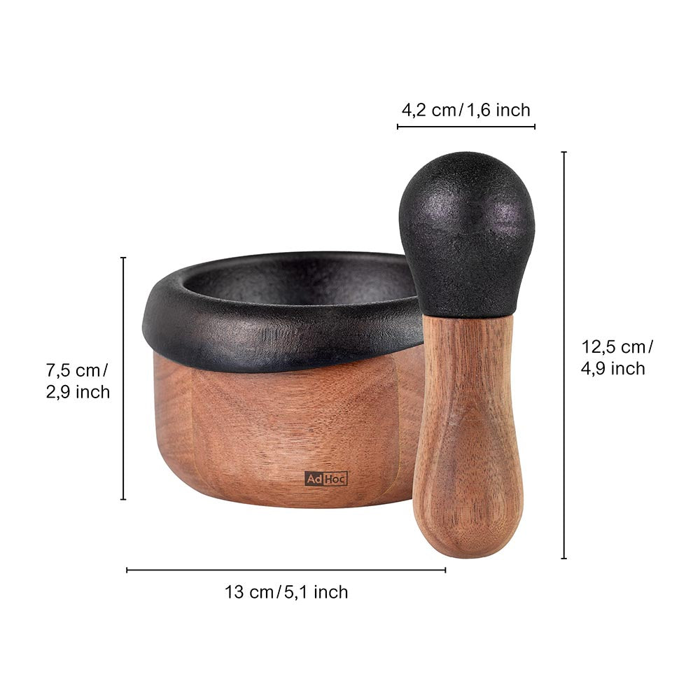 AdHoc Mortar and Pestle Cast Iron and Acacia Wood CRUSH – 2 Pieces