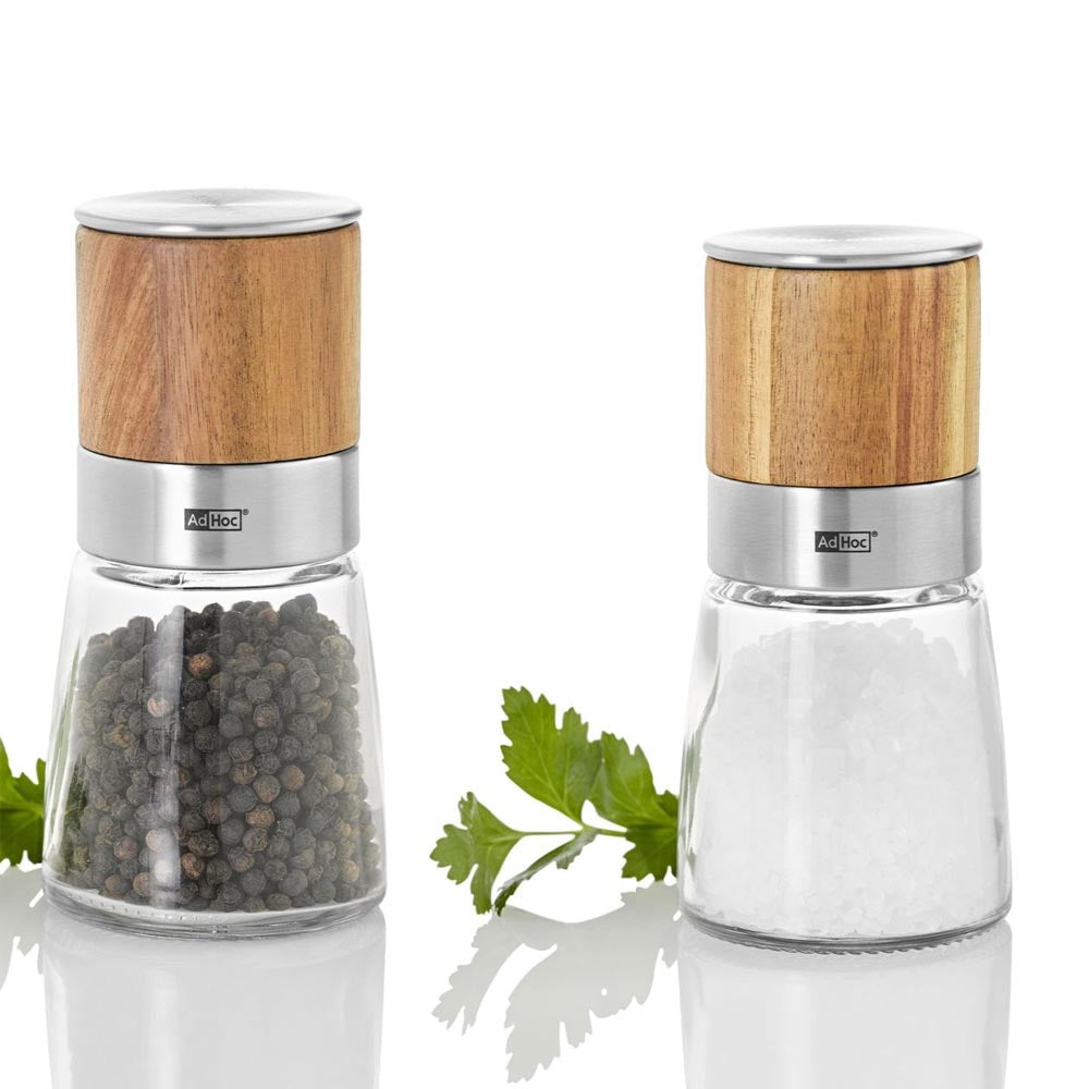 AdHoc Salt & Pepper Grinder Set in Glass & Wood: 30-Year Mechanism Warranty