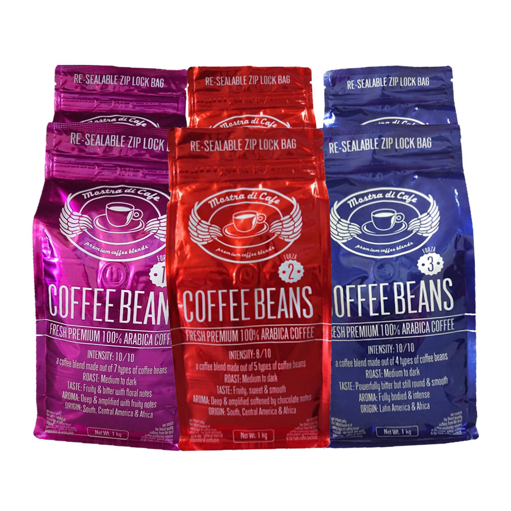 Mostra Di Cafe 1kg coffee beans bundle, two each of Forza 1, Forza 2 and Forza 3