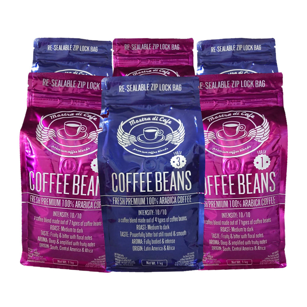 Mostra Di Cafe mixed six pack, three Forza 1 and three Forza 3 coffee beans 1kg